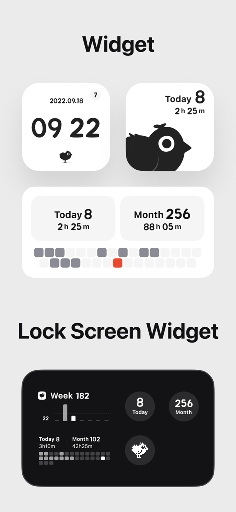 Collection of cute iOS home screen and lock screen widgets showing focus time and statistics