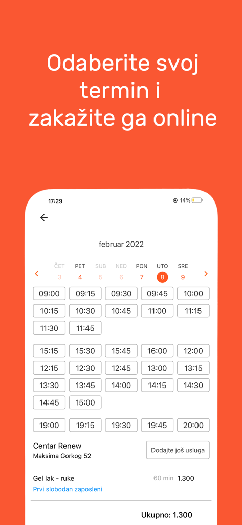 SrediMe mobile app screen showing available time slots for booking a beauty salon treatment online