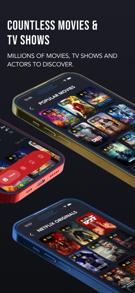 Moviez app interface showing popular movies and Netflix originals on mobile devices