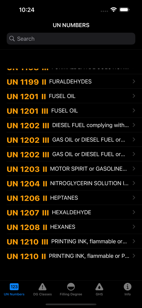 Mobile application interface displaying a searchable list of UN numbers for hazardous materials.