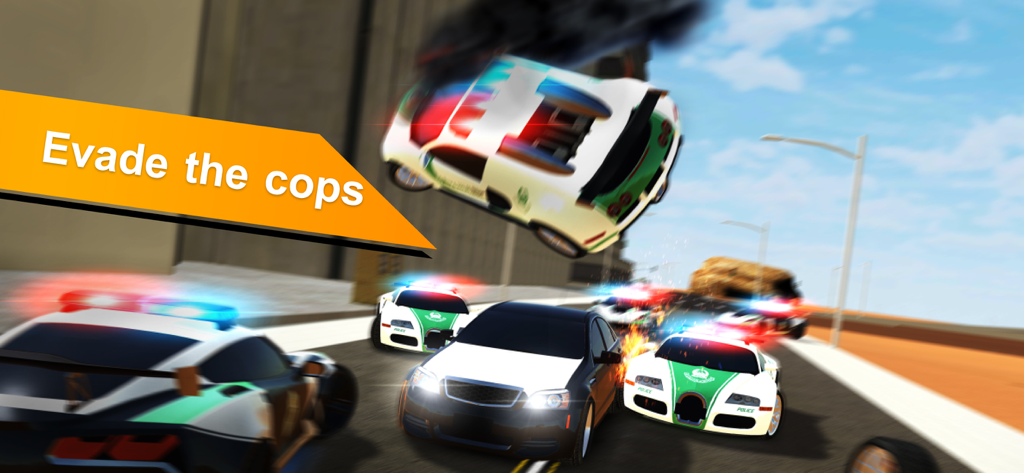 A high-speed car chase showing several police cruisers pursuing a vehicle in Gomat Drift and Drag Racing.