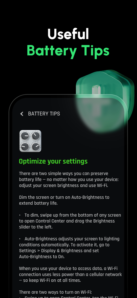 Battery Life Health Doctor Pro - Battery Life Health Doctor Pro app screen displaying useful battery optimization tips and settings.