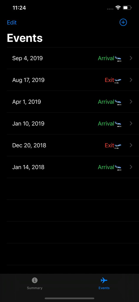 Days in Canada - List of travel arrival and exit events with dates in the residency tracker app
