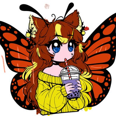 a realistic butterfly/furry girl drinking boba