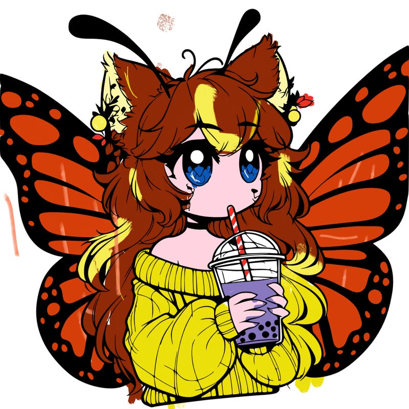 a realistic butterfly/furry girl drinking boba