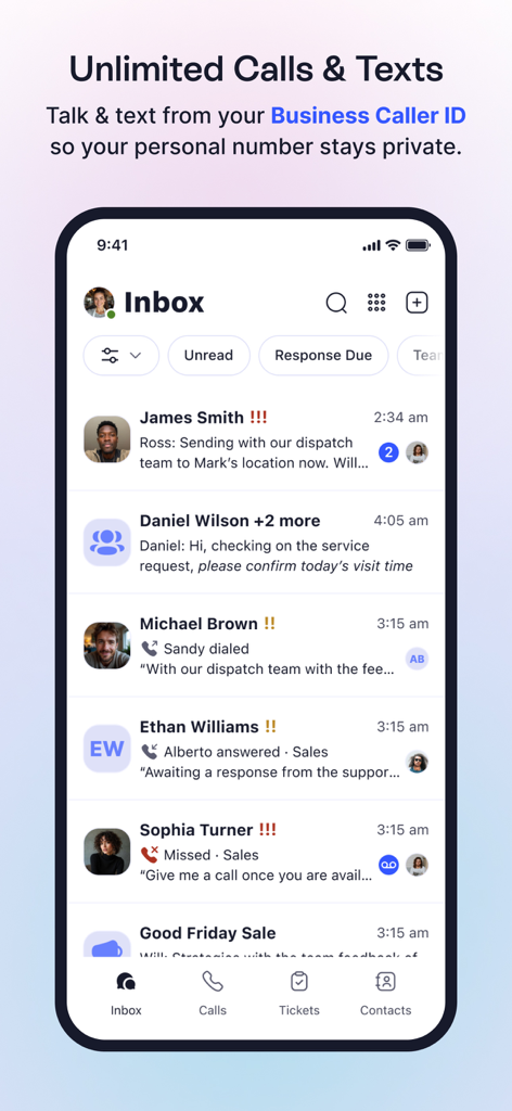 LinkedPhone app showing a unified inbox for professional business calls and texts.