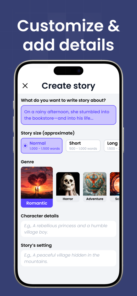 AI Story Generator AI Novel - Écran de personnalisation de l'application AI Story Generator montrant les options de longueur d'histoire, de genre et de détails de l'intrigue