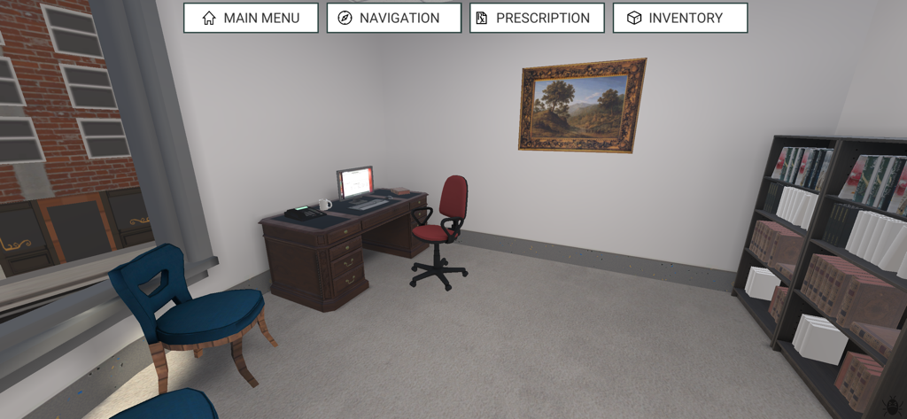 Ein virtuelles Apothekerbüro mit Schreibtisch, Computer und Bücherregalen in der Pharmacy Simulator-App.