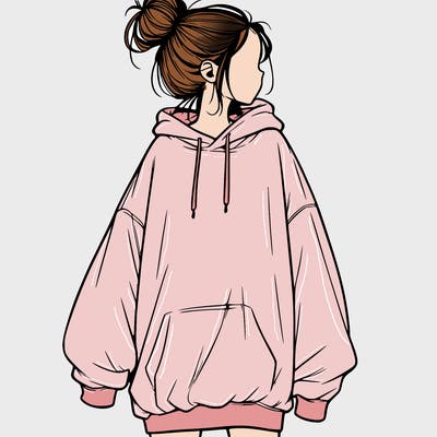 realistic girl with a oversized sweatshirt on and a bun