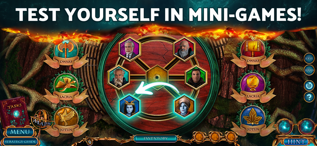 Una pantalla de minijuego de lógica basada en personajes de Secret City Hidden Object