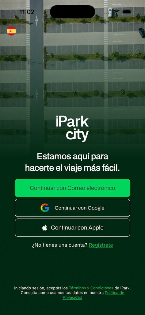 iParkCity - iParkCity app login screen showing options to continue with email Google or Apple over an aerial parking lot background