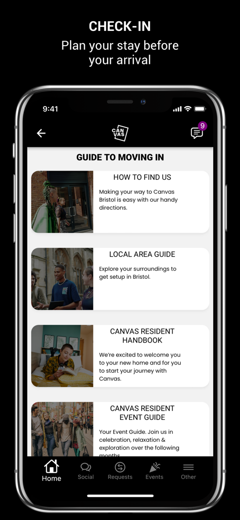 My Canvas App guide to moving in screen featuring resident handbooks and local area guides