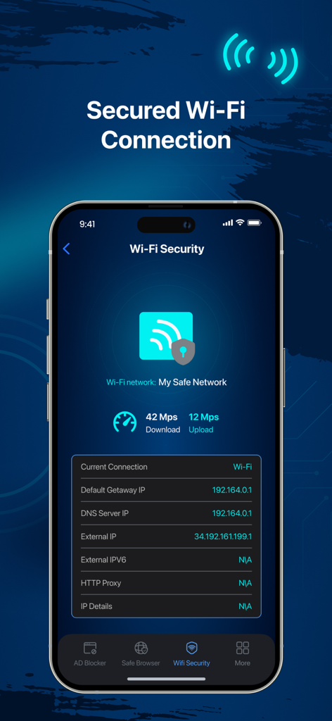 Safe Security App interface displaying secured wifi connection details including download speed and IP address information
