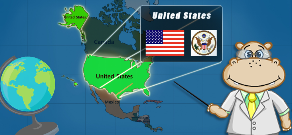 Joyland - Toddler ABC Games - Professor hipopótamo de desenho animado apontando para um mapa dos Estados Unidos com a bandeira dos EUA