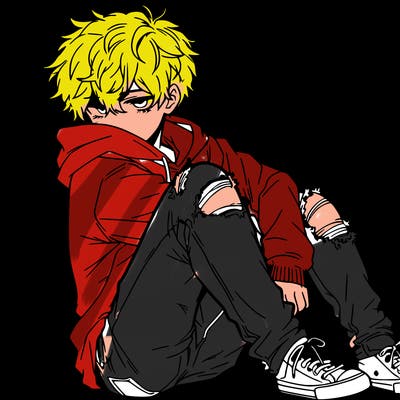 a male hoddie ripped jeans messy hair anime