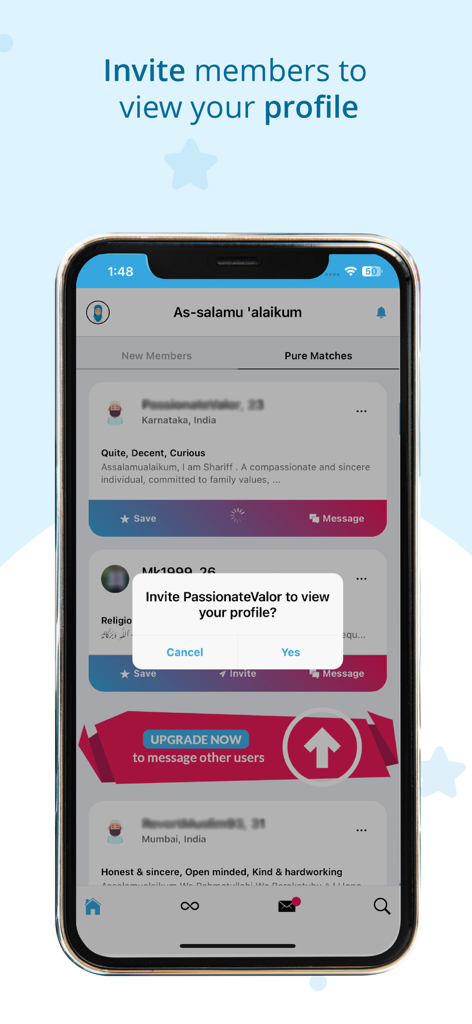 A smartphone screen of Pure Matrimony showing an invite to view profile notification.