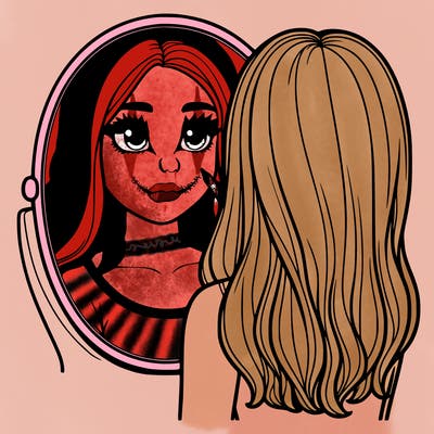 realistic drawing girl looking in the mirror