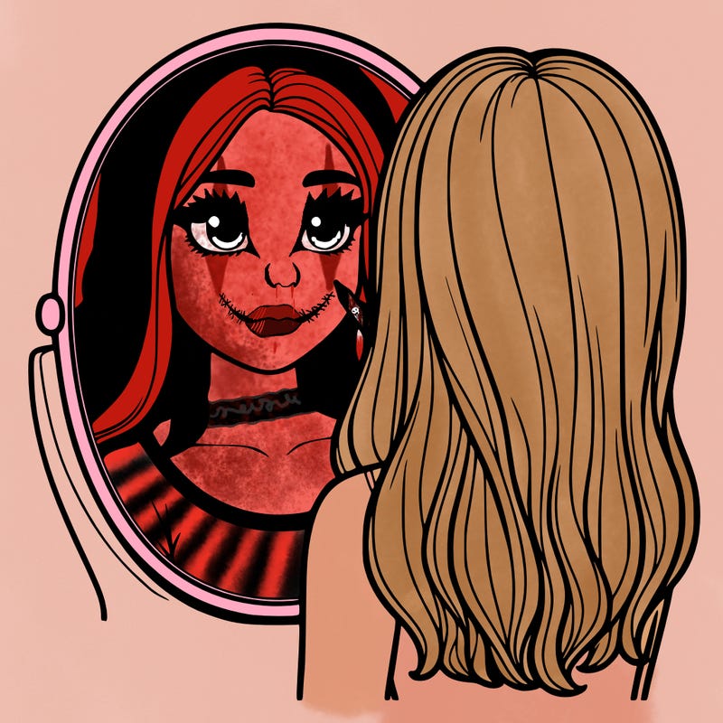 realistic drawing girl looking in the mirror