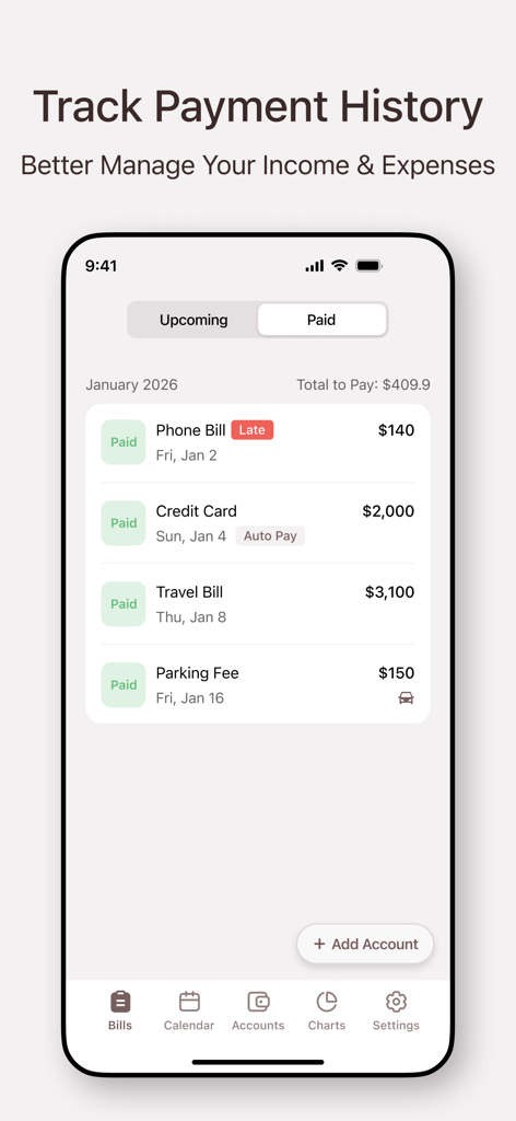 Bills Organizer App - Paid bills list showing history and payment status in the Bills Organizer app
