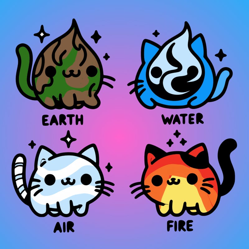 4 cats that represent the different elements, earth, water, air, and fire
