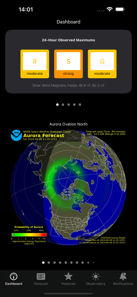 Aurora - Solar Observatory - Aurora Solar Observatory app dashboard showing a northern hemisphere aurora forecast map and solar activity indicators.