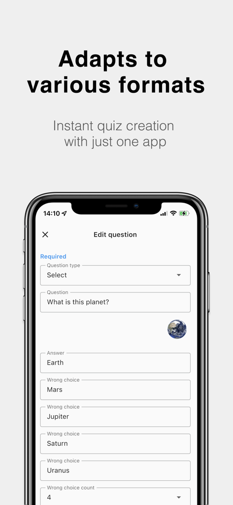 Interface of the TestMaker app showing a multiple choice question editor with a planet image