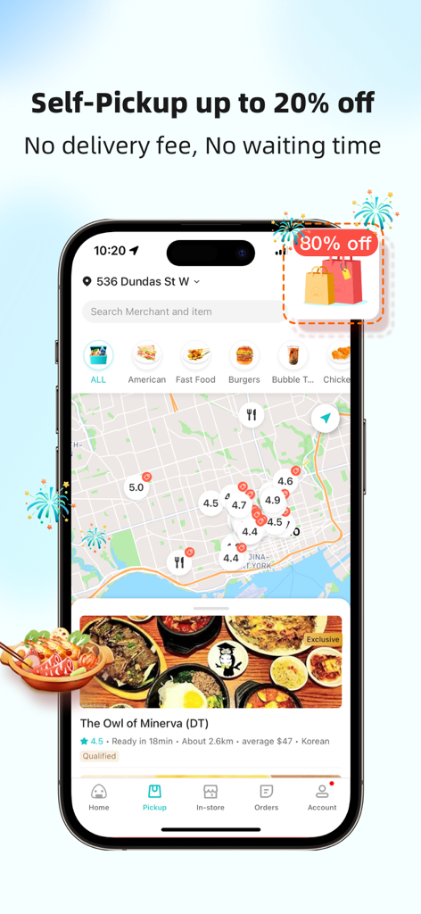 Fantuan Delivery app interface showing a map of nearby restaurants with self-pickup discounts and ratings