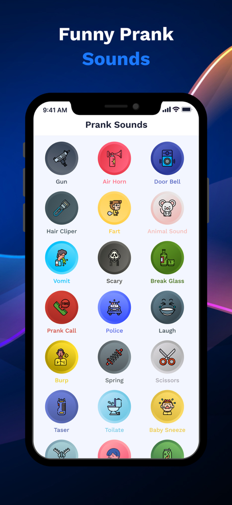 AI Voice Generator - Prankster - Schermata di un'app mobile intitolata Suoni Scherzosi che mostra icone per vari effetti sonori come clacson, scoreggia e sirena della polizia.