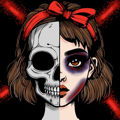 realistic girl with half skull mask