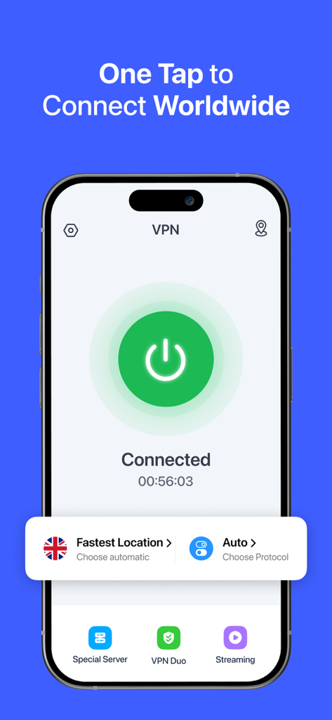 VPN for iPhone app screen showing a one tap connection interface with fastest location and protocol settings