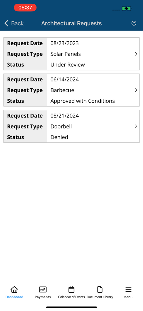Keystone Connection - List of architectural requests with status updates in the Keystone Connection app.