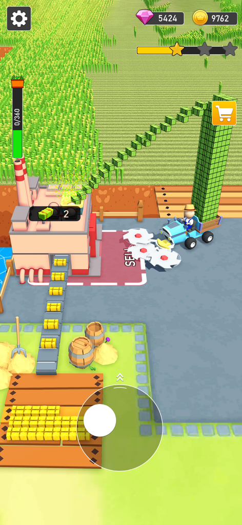 A blue tractor carrying a tall stack of harvested grass blocks to a factory in the farming simulator game