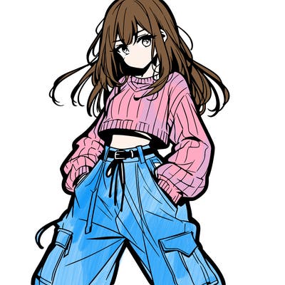 anime teen girl with baggy pants and crop top with sweater