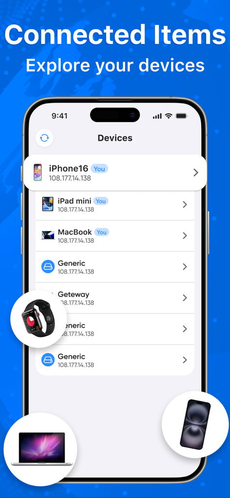 Interfaz de la aplicación WIFI analyzer mostrando una lista de dispositivos conectados a la red, incluyendo iPhone, iPad y MacBook.