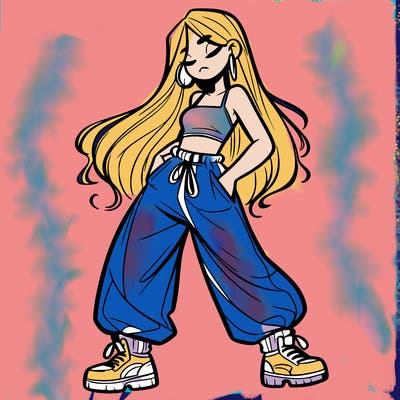 girl in baggy pants crop top and long hair