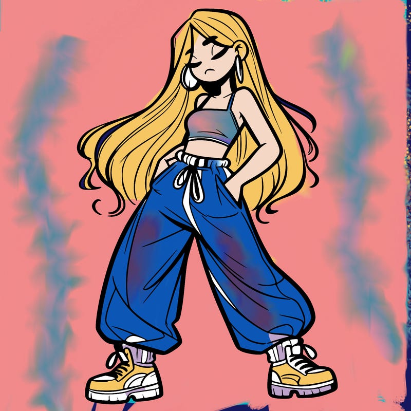 girl in baggy pants crop top and long hair