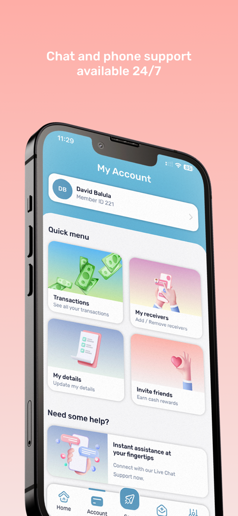 Kabayan Remit - Money Transfer - Mobile app screen showing the Kabayan Remit account dashboard with support options and quick menu for transactions and receivers