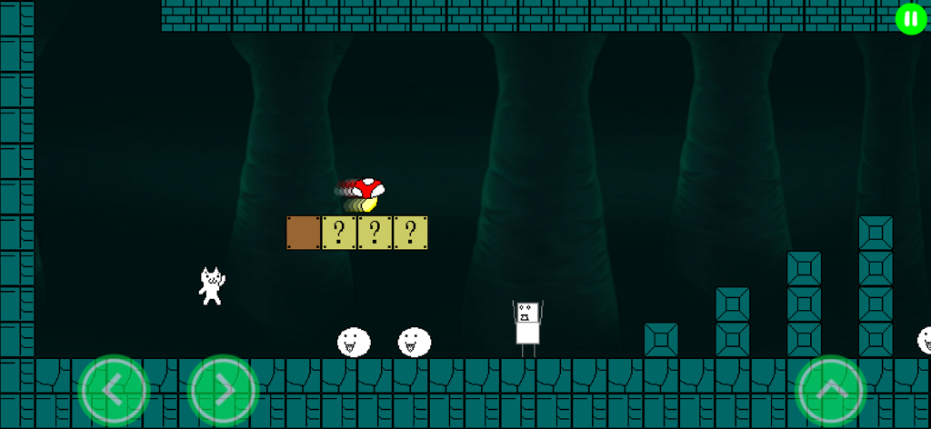 Gameplay screenshot of Syobon Action HD showing the cat character in a retro style platformer level with traps and enemies