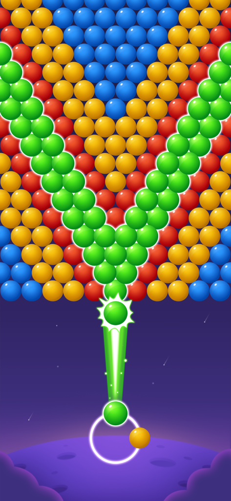 Bubble Shooter - Puzzle Games - Colorful bubble shooter gameplay screen with a green bubble aiming at a V-shaped pattern of bubbles