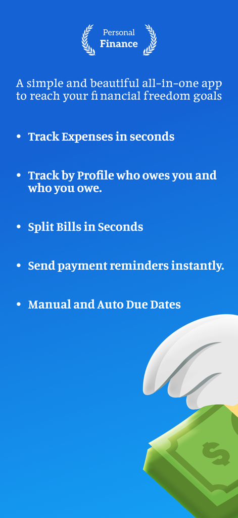 MyMoney: Budget & Expenses App - Promotional screen highlighting MyMoney app features like expense tracking, bill splitting, and debt management