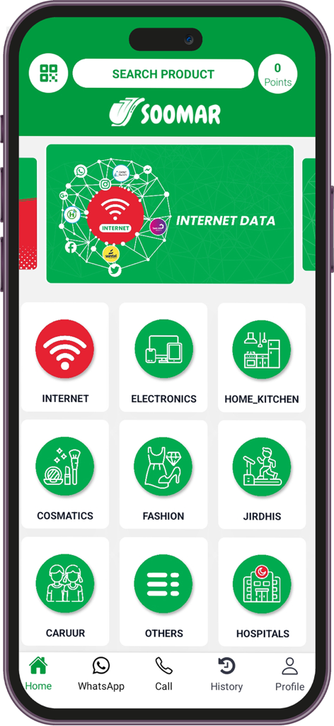 Soomar - Soomar app home screen featuring shopping categories like electronics and fashion for the Somali community