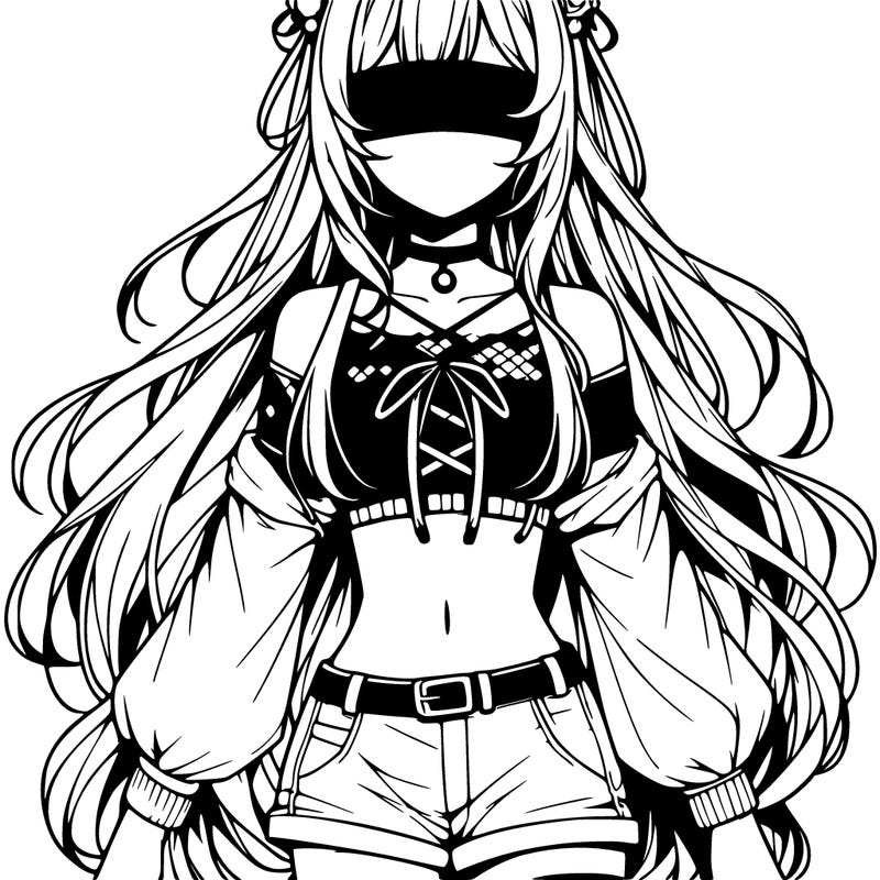 detailed anime girl with long hair ,with a blindfold and crop top and shorts