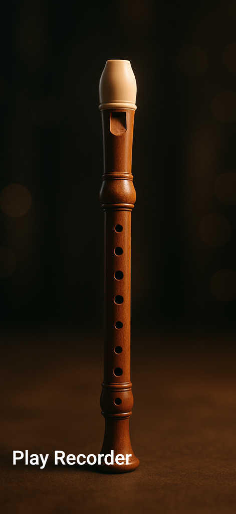 Recorder Sim - Realistisches Holzblockflöten-Instrument auf dunklem Hintergrund mit dem Text Play Recorder