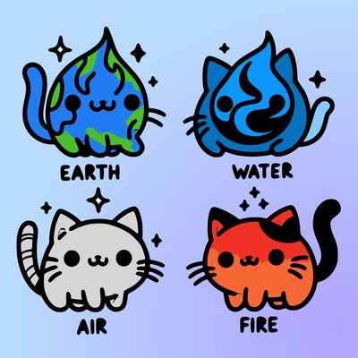 4 cats that represent the different elements, earth, water, air, and fire