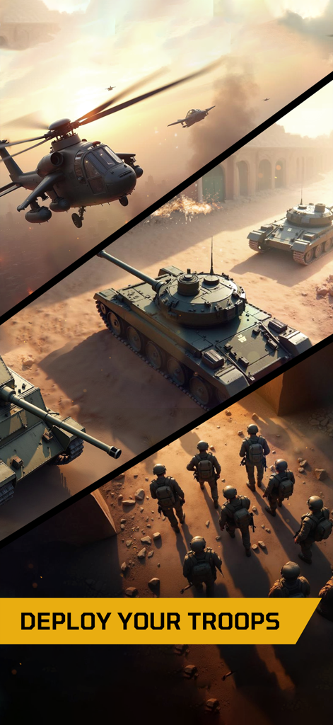 Air Commander: AC-130 Shooter - Paneles diagonales que muestran un helicóptero militar, un tanque y soldados de infantería con el texto "despliega tus tropas".