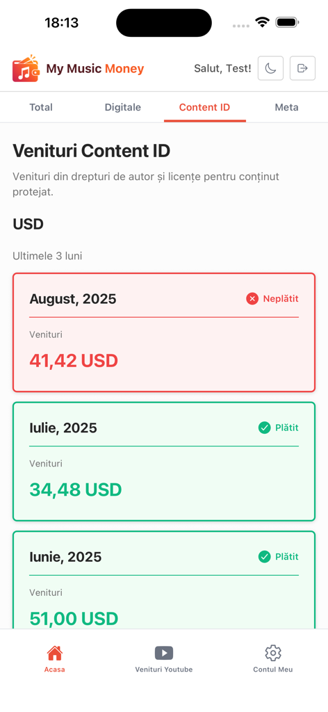 My Music Money - Panel de la aplicación móvil que muestra los ingresos mensuales de Content ID y el estado de pago.