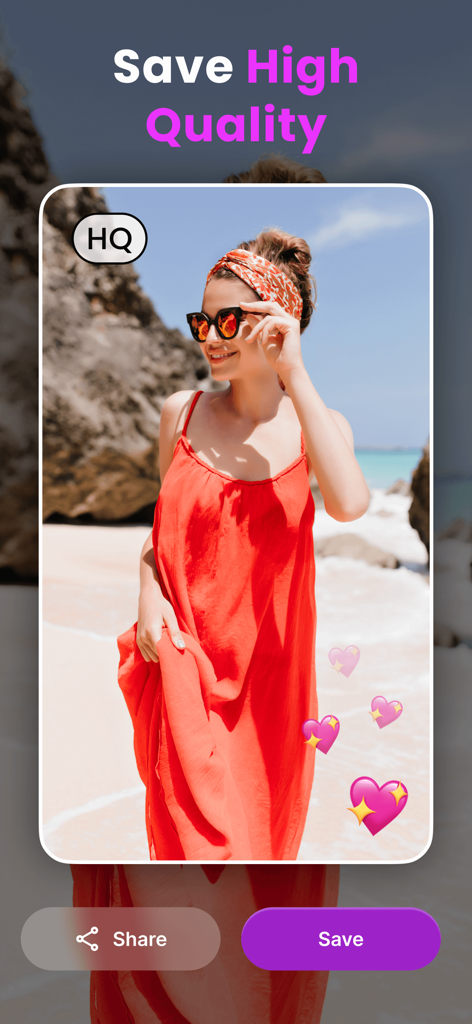App interface showing a high quality photo export feature with share and save buttons
