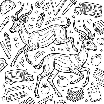 Embrace the excitement of a new academic year with this captivating coloring page starring elegant antelopes. It's a delightful scene filled with playful school supplies, perfect for sparking creativity.