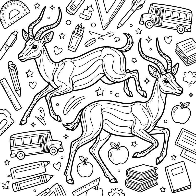 Embrace the excitement of a new academic year with this captivating coloring page starring elegant antelopes. It's a delightful scene filled with playful school supplies, perfect for sparking creativity.