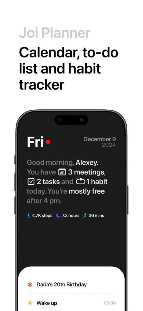 Joi: Daily Planner & Organizer - Panel de la aplicación Joi Planner que muestra un resumen diario de tareas, reuniones y hábitos en una única línea de tiempo